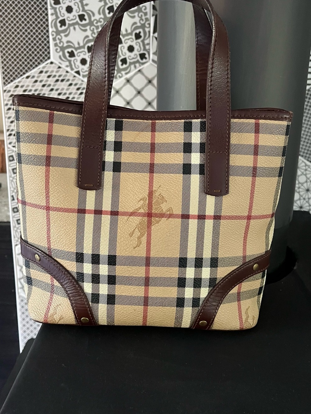 Burberry Beige Check Mini Tote with Brown Leather Trim